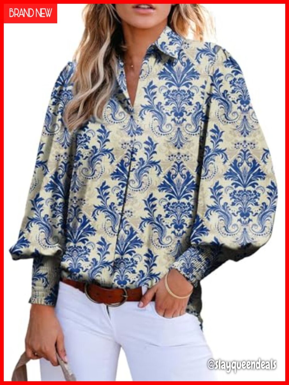 Womens V-Neck Paisley Print Blouse Oversized Lantern Sleeve Boho Tunic Top